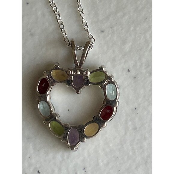 Sterling Silver Heart Pendant Necklace With Multi-Gemstones & 18" Chain - Picture 4 of 5